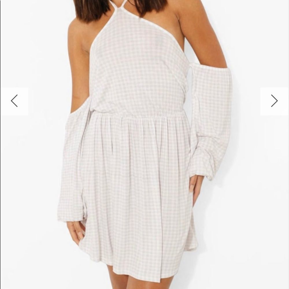 Gingham cold shoulder skater dress